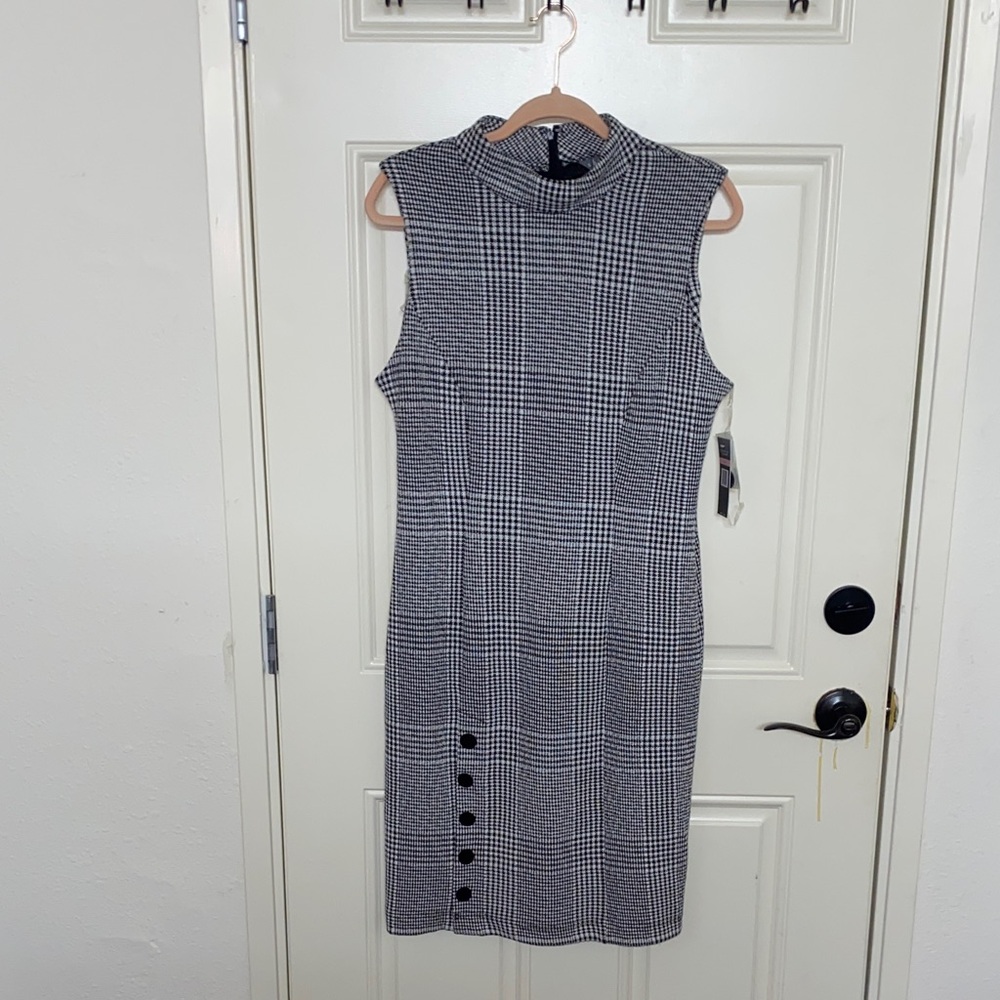 Sharagano Black and White Plaid Midi Dress